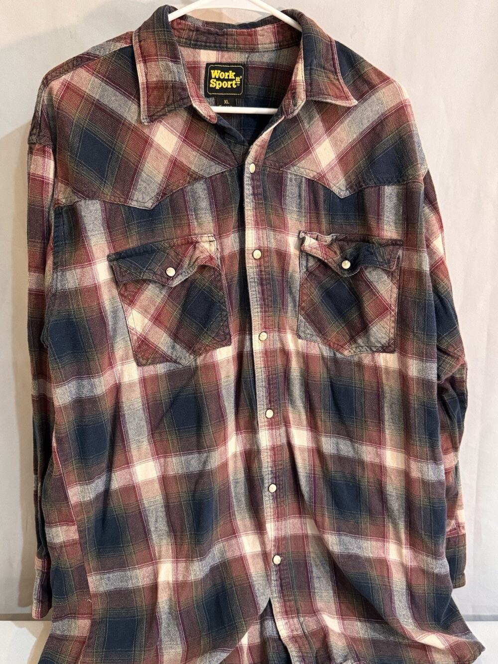 Work N Sport Red Plaid Flannel Western Snap Shirt XL Rugged Workwear